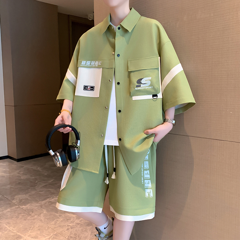 不起球不褪色短袖衬衫休闲套装男