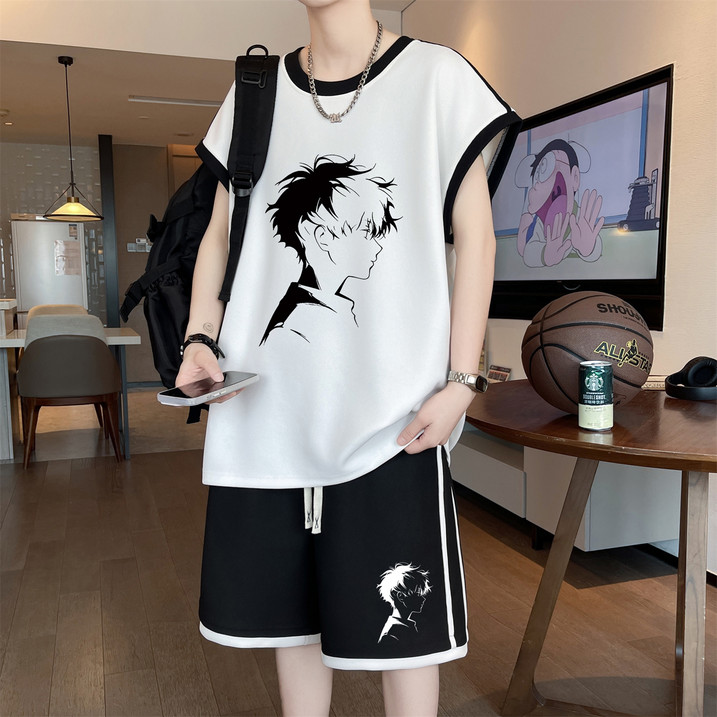 夏季休闲运动套装男孩初中生无袖t恤青少年大童薄款冰丝背心短裤