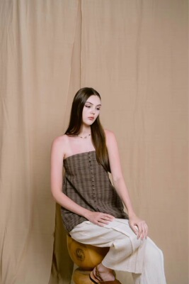 泰国潮牌 palit 棕色格子亚麻抹胸背心