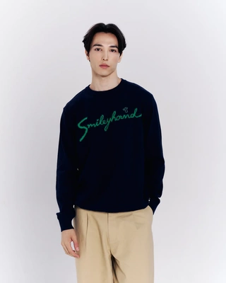 泰国潮牌 smileyhound绿色毛绒logo藏蓝色圆领针织衫毛衫