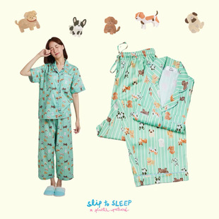 睡衣套装 sleep绿色小狗狗纯棉短袖 泰国潮牌slip