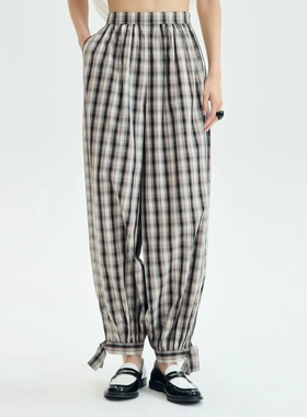 泰国潮牌 jaspal 黑色格子系带灯笼裤J26SGWJ114