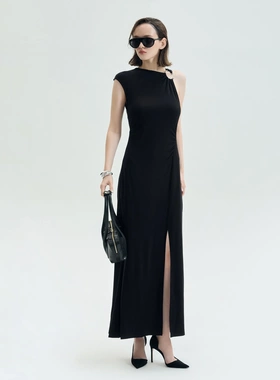 泰国潮牌 jaspal宴会黑色小礼裙不对称单肩连衣裙J26SGWA070