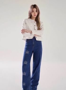 泰国潮牌 wacay不对称logo设计小腰直筒牛仔裤 orm同款