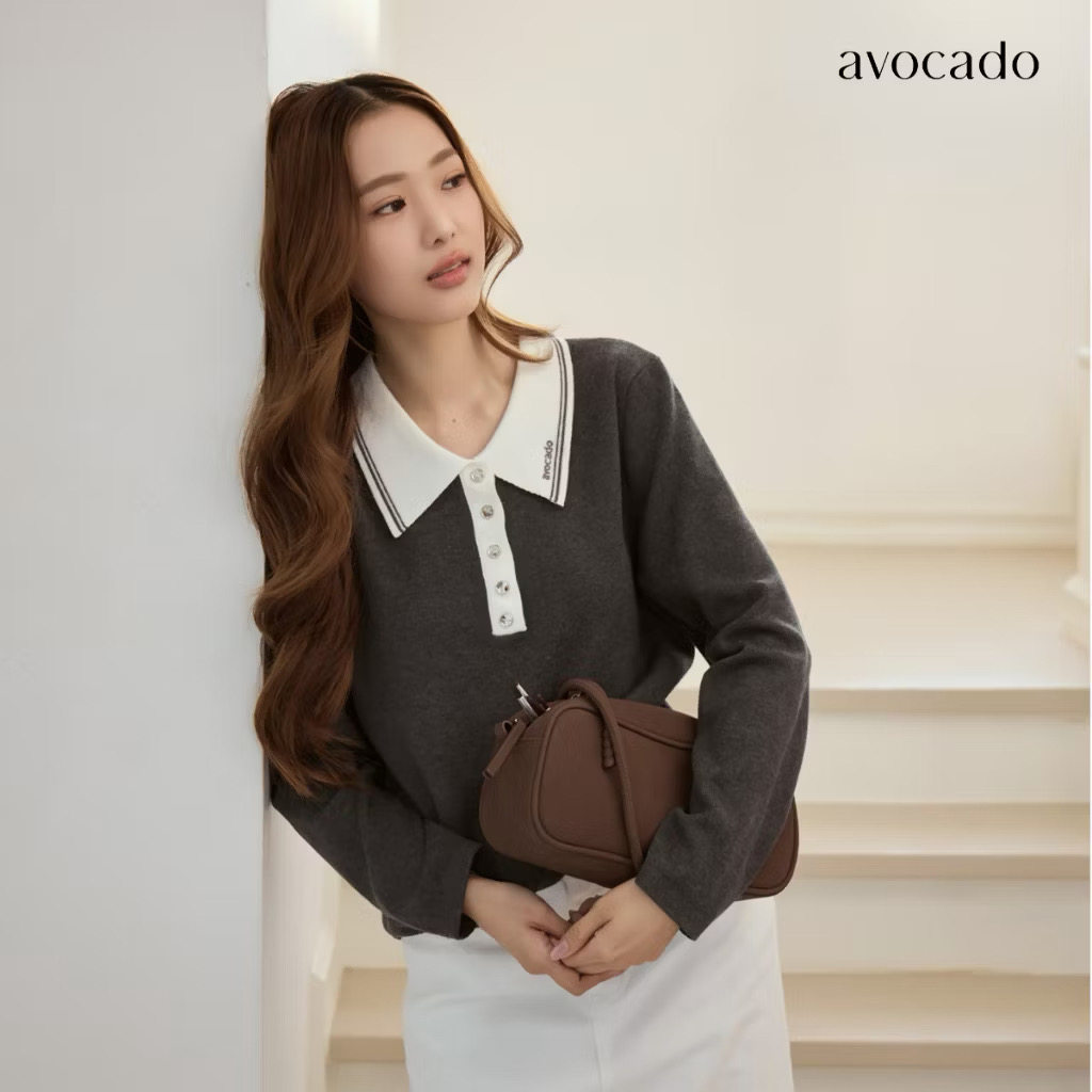 泰国小众品牌 avocado 灰蓝色白领拼接polo针织衫 film同款