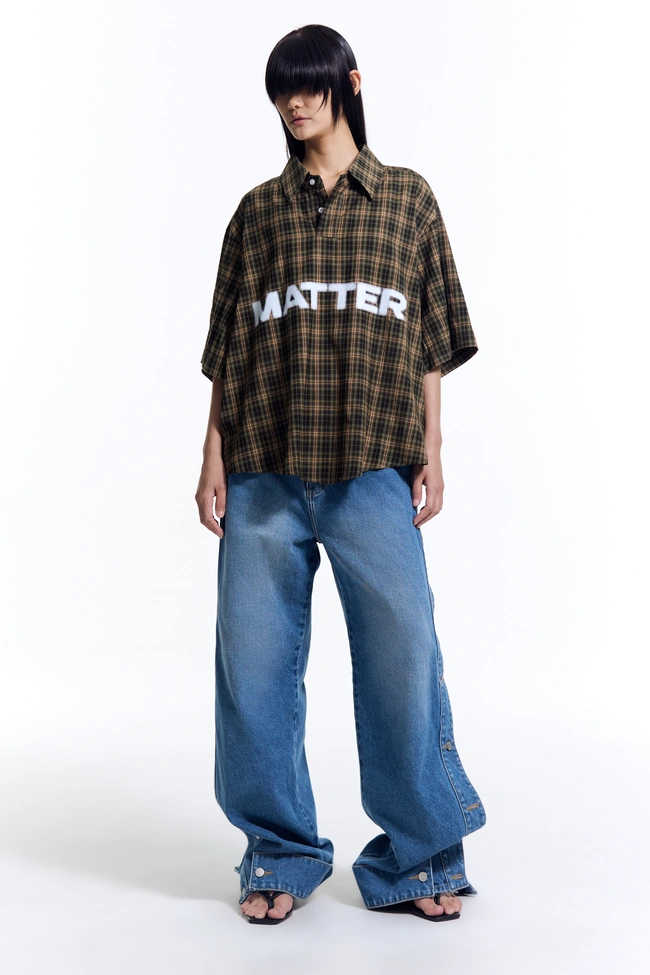 泰国潮牌 mattermakers 黄绿格子时尚字母纯棉短袖衬衫 orm同款