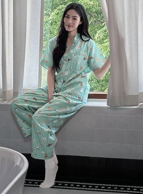 泰国潮牌 sliptosleep 绿色小狗印花纯棉条纹睡衣套装