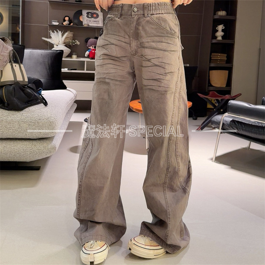 工装风阔腿牛仔裤女2026春季新款松紧腰高腰宽松长裤欧洲站裤子Q