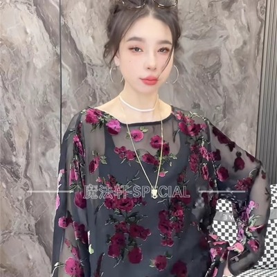 碎花植绒网纱长袖T恤女