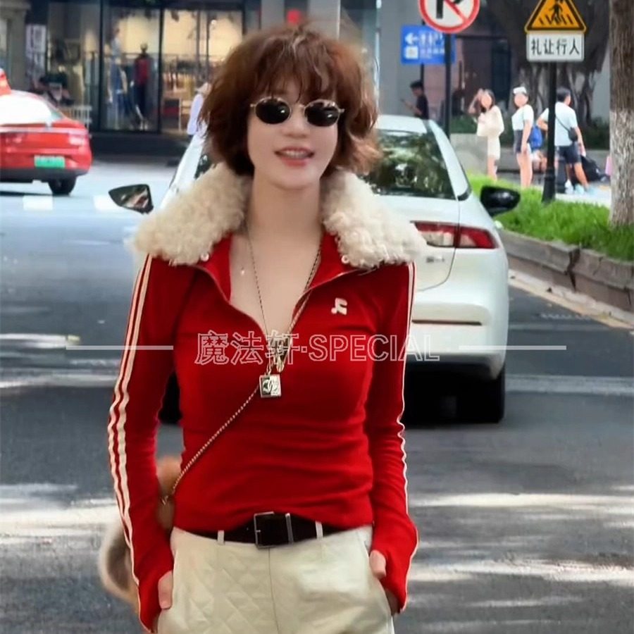 毛领长袖T恤女2025新款秋冬侧条纹半拉链小衫打底衫欧洲站上衣潮Q
