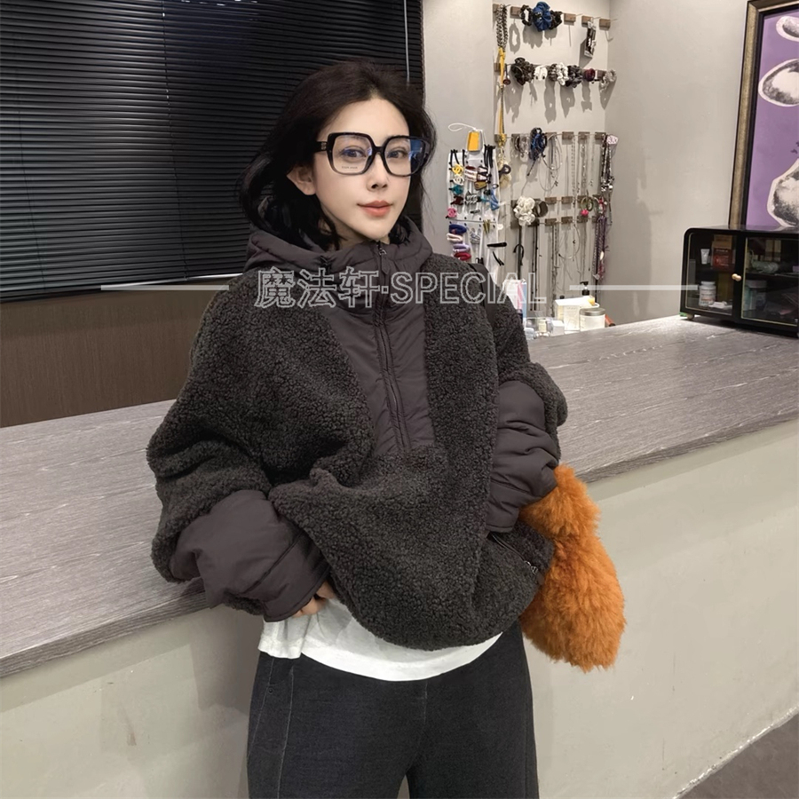 拼接卫衣女宽松保暖外套韩系连帽