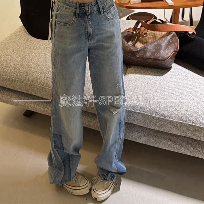 欧洲站破洞牛仔裤女士2026春季新款高腰宽松阔腿裤水洗直筒长裤q