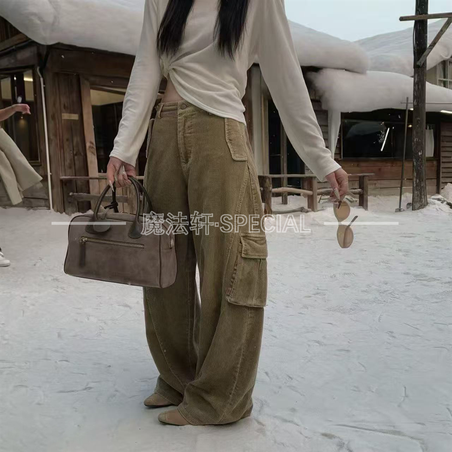 秋冬条绒高腰显瘦阔腿工装裤女