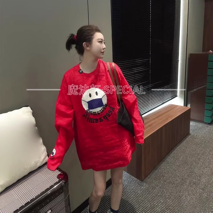 笑脸纯色麻料长袖连衣裙女2025新款夏季薄款中长款T恤裙子欧洲站q