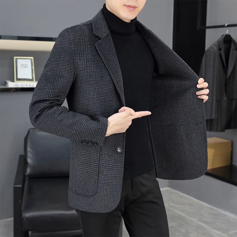 轻奢时尚千鸟格双面呢外套男士休闲羊毛西服秋季商务修身毛呢西装