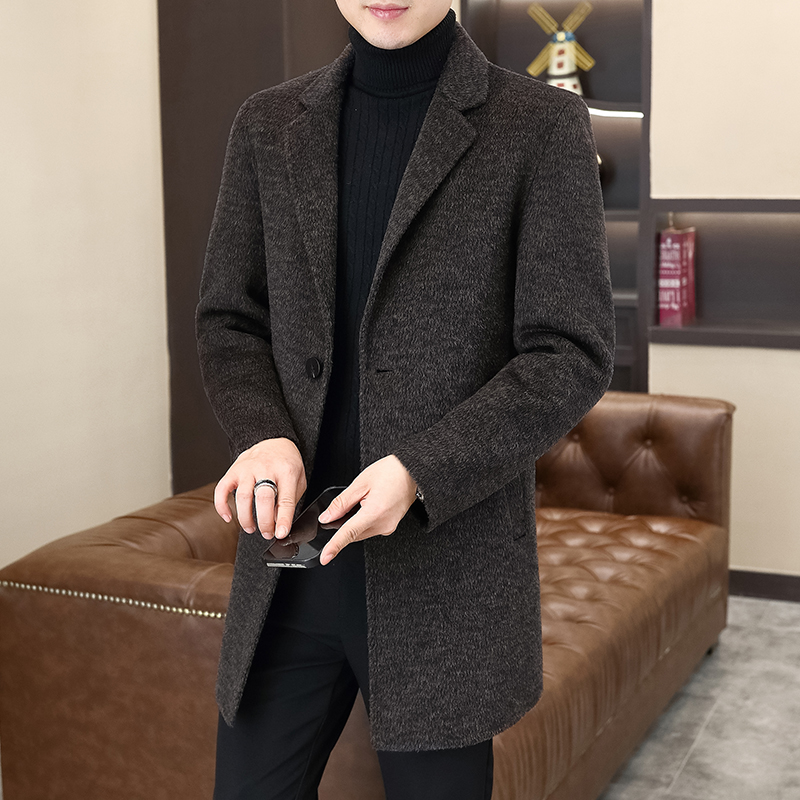 高端双面呢大衣男中长款英伦风百搭羊毛风衣冬季羽绒内胆毛呢外套