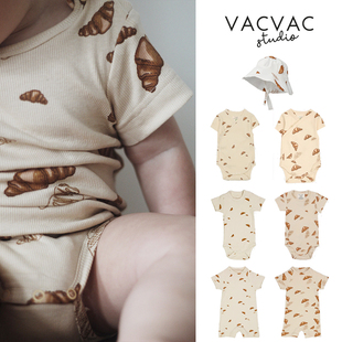SS26上新丹麦VACVAC羊角包印花婴儿童新生儿短袖包屁衣连体衣帽子