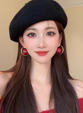 红色夸张大珍珠耳环女洋气耳饰
