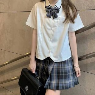 欧洲站日系jk制服白衬衣polo领风琴褶口袋学直筒生短款 短袖 衬衫
