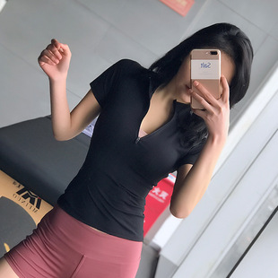 女顯瘦彈力快干t恤透氣跑步瑜伽 歐洲站跨境立領(lǐng)拉鏈運(yùn)動(dòng)短袖