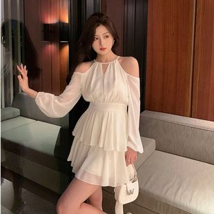 挂脖露肩雪纺连衣裙仙女春夏气质高级感海边度假沙滩 欧洲站法式