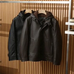 【源2990！皮料+鸭绒填充】男商务休闲可脱卸连帽防风羽绒服外套