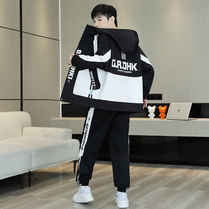 春秋季新款潮流连帽外套男款青少年两件套帅气学生休闲运动夹克男,男装,休闲运动套装,淘宝优惠券,粉丝福利购,淘宝优惠卷