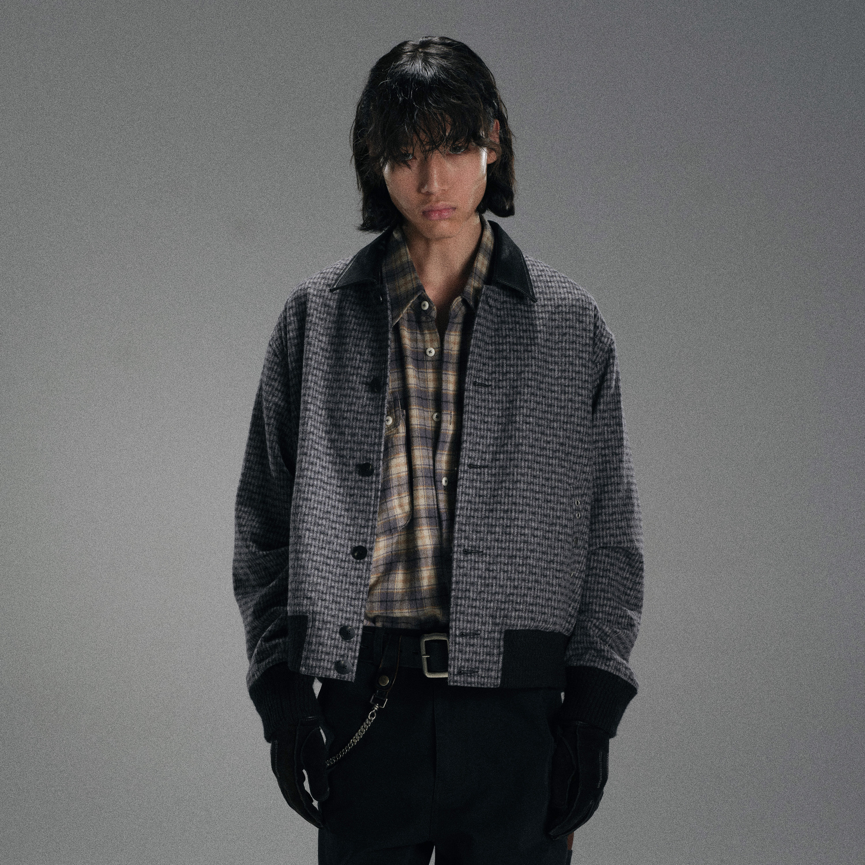 羊毛格纹拼接皮领复古短宽夹克