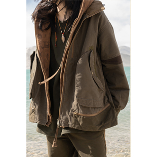 HUNTINGOLD宽松廓形拼接水洗做旧日系复古vintage巴恩风棉服1533