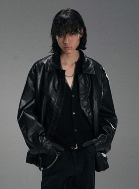 HUNTINGOLD复古皮衣擦色做旧立裁宽松休闲廓形夹克巴恩风棉服1533