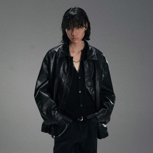 HUNTINGOLD复古皮衣擦色做旧立裁宽松休闲廓形夹克巴恩风棉服1533