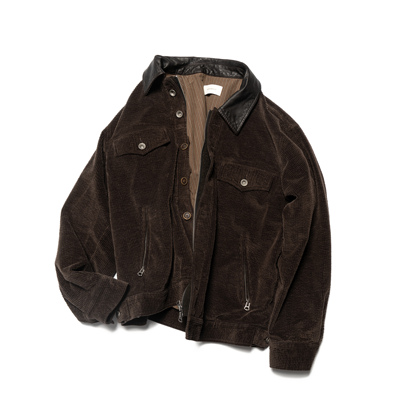 牦牛灯芯绒意大利小牛皮Talon拉链复古双门襟夹克 HUNTINGOLD1533