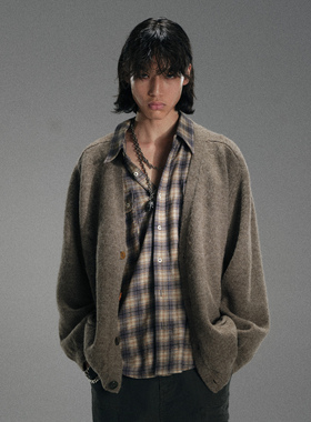 HUNTINGOLD新西兰100%纯羊毛宽松廓形复古彩扣针织开衫毛衣灰色