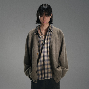 HUNTINGOLD新西兰100%纯羊毛宽松廓形复古彩扣针织开衫毛衣灰色