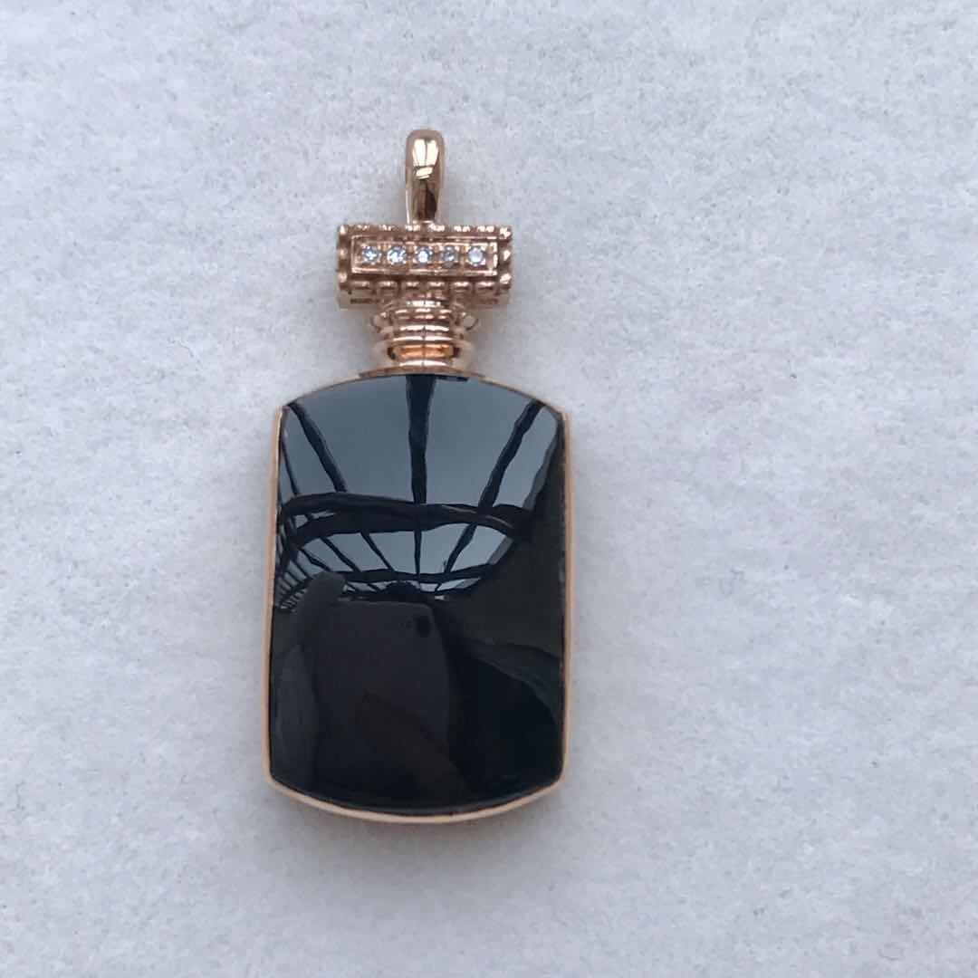 翡翠矿工 缅甸墨翠男女士马鞍方形吊坠18k金镶嵌工厂直销淘宝直播