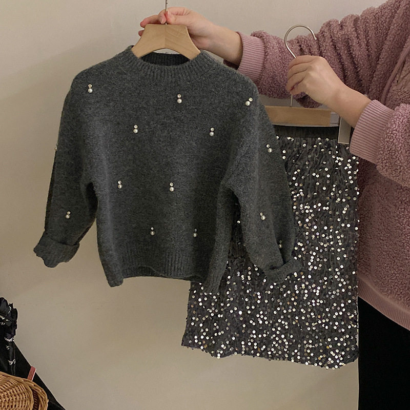 韩版气质亮片加绒半身裙2024秋冬新款甜美珍珠水钻针织毛衣套装潮
