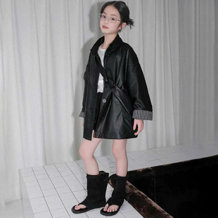 百搭女童时尚 新款 夹克 格子拼接PU皮衣外套女春秋季 女童外套韩版