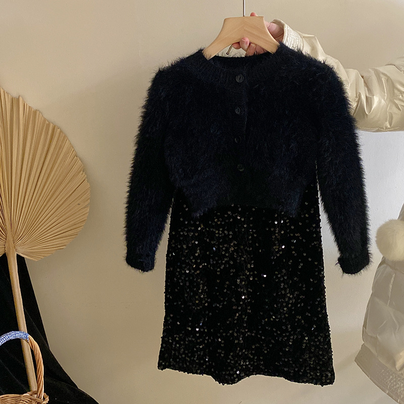 女童秋冬新款套装2024韩版气质仿水貂绒毛衣开衫加绒亮片半身裙潮