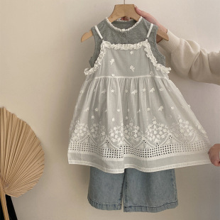 女童套装夏季新款韩系花边背心儿童刺绣蕾丝吊带连衣裙宽松牛仔裤