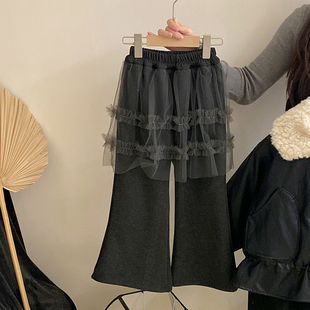 韩版女童秋冬季新款加绒网纱屁帘休闲裤2025女宝宝洋气潮流上衣潮