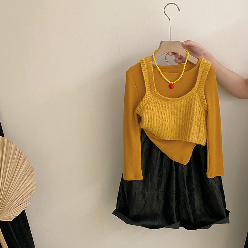 韩版女童秋季新款针织背心纯色打底衫2025气质宽松阔腿皮裤三件套,童装/婴儿装/亲子装,套装,淘宝优惠券,粉丝福利购,淘宝优惠卷