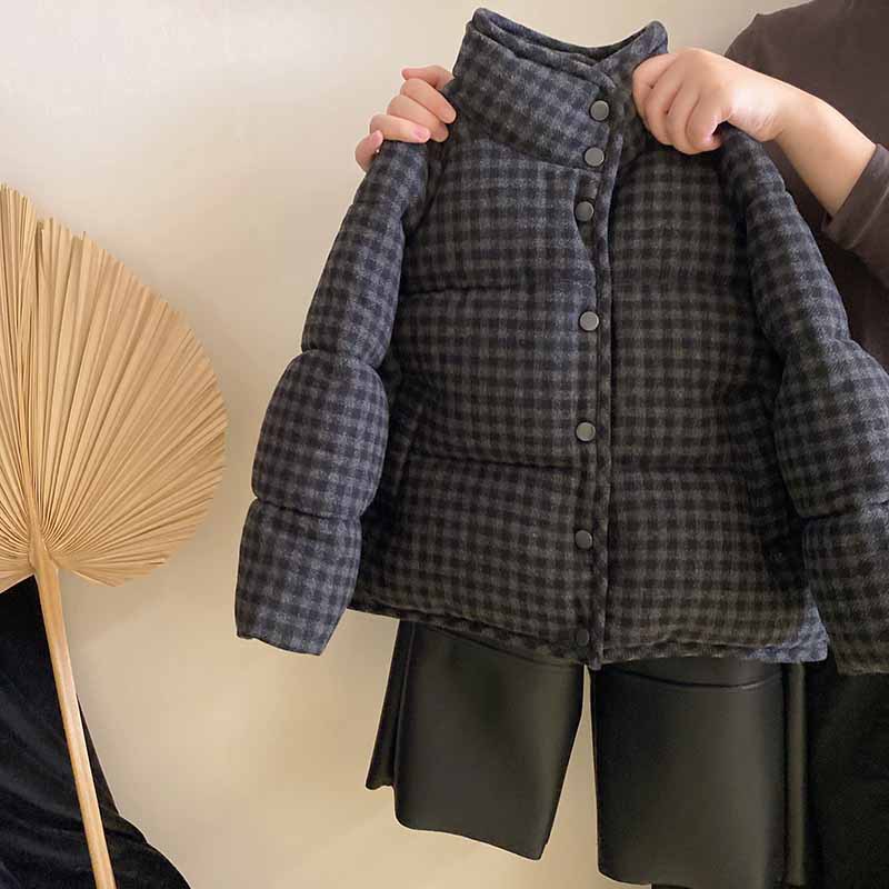 韩版休闲秋冬新款套装2024女童夹棉加厚格子棉服外套加绒保暖皮裤