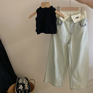 针织背心潮范烫钻翻边牛仔裤 韩版 气质无袖 2024夏季 潮 洋气女童套装