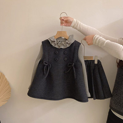 【安安家】女童毛呢蝴蝶结背心花边打底衫加绒百褶裙套装R26011
