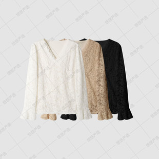 【加厚蕾丝 内里加绒】拼接网纱V领蕾丝打底衫女秋冬新款