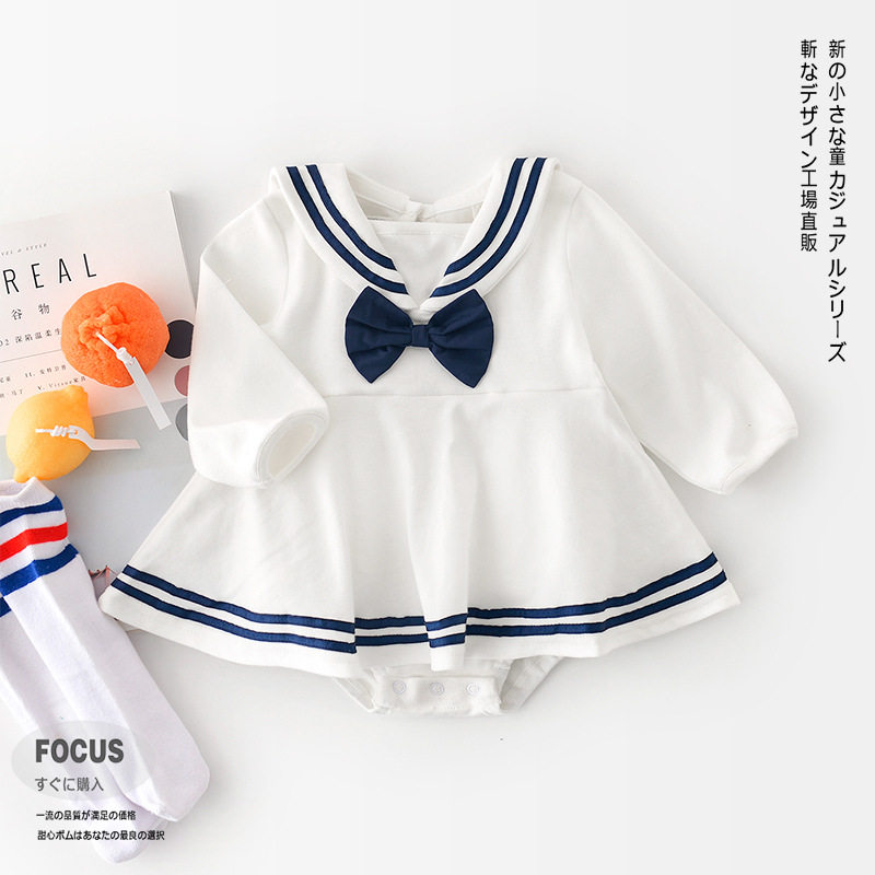 婴儿纯棉衣服春秋款新生儿包屁衣女宝宝海军领蝴蝶结长袖三角爬服
