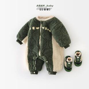 宝宝冬季加厚爬服婴儿拼色毛毛连体衣冬装新款新生儿外穿韩版爬服