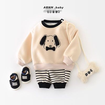 男宝宝加厚卫衣套装冬季婴儿新款一体绒秋冬装男童保暖分体两件套