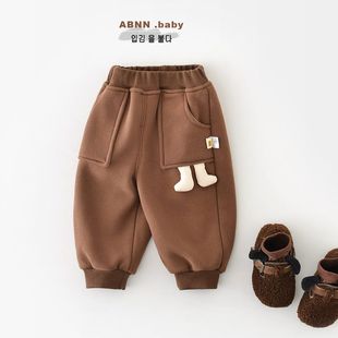 婴儿加绒裤子冬季新款男童加厚休闲裤宝宝冬装高腰护肚保暖运动裤