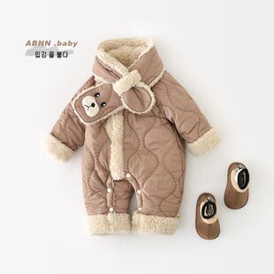 宝宝冬款连体衣婴儿绗棉外穿毛毛拼接爬服新生儿棉衣保暖外出抱衣